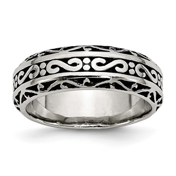 Chisel Stainless Steel Antiqued and Polished Swirl Design 7mm Band