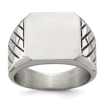 Chisel Stainless Steel Polished with Black Enamel Signet Ring