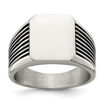 Chisel Stainless Steel Polished with Black Enamel Signet Ring