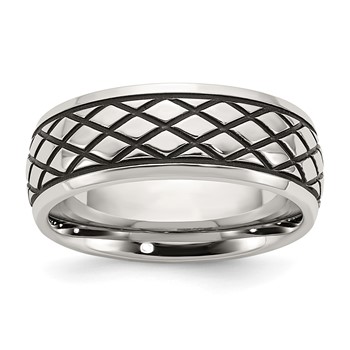 Chisel Stainless Steel Antiqued and Polished Checkered Pattern 8mm Band