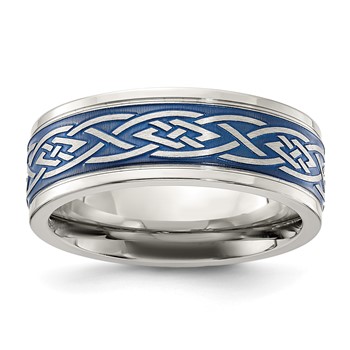Chisel Stainless Steel Polsihed Blue IP-plated Celtic Design 8.00mm Band