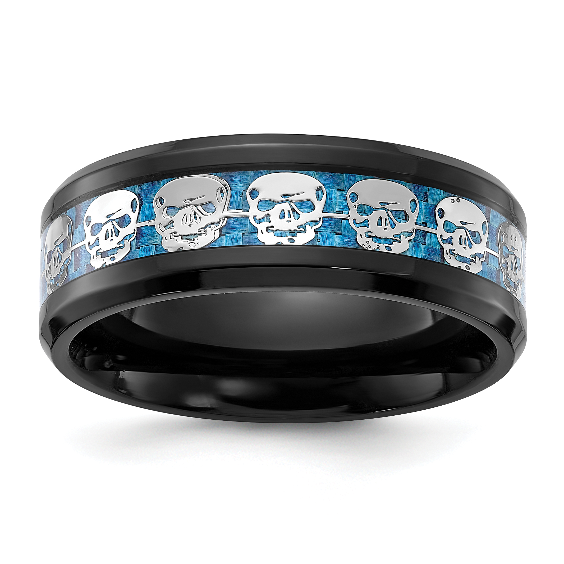 Chisel Stainless Steel Polished Black IP-plated Skulls with Blue