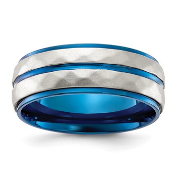 Chisel Stainless Steel Polished and Sand-blasted Faceted Blue IP-plated 8mm Band
