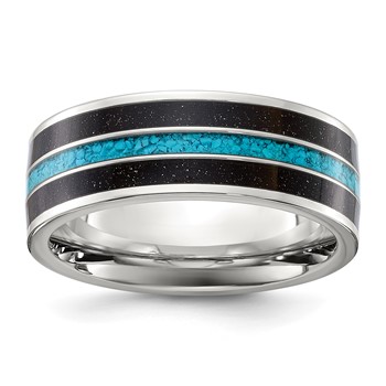 Chisel Stainless Steel Polished with Turquoise and Black Star Sandstone Inlay 8mm Band