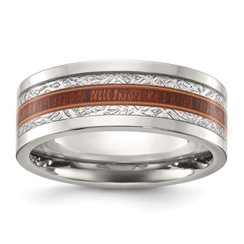Chisel Stainless Steel Polished with Wood and Imitation Meteorite Inlay 8mm Band