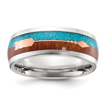 Chisel Stainless Steel Polished Arrow with Turquoise and Wood Inlay 8mm Band