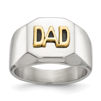 Chisel Stainless Steel Polished with 14K Gold Accent DAD with Black Enamel Signet Ring