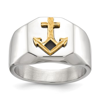 Chisel Stainless Steel Polished with Diamond-cut 14K Gold Accent Anchor with Black Enamel Signet Ring