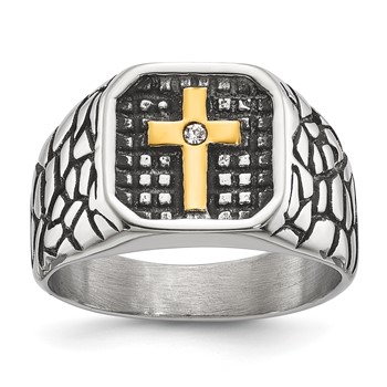 Chisel Stainless Steel Antiqued and Polished Yellow IP-plated with CZ Cross Signet Ring