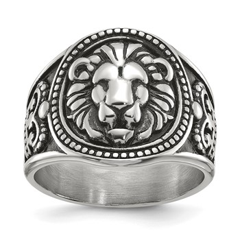 Chisel Stainless Steel Antiqued and Polished Lion Ring