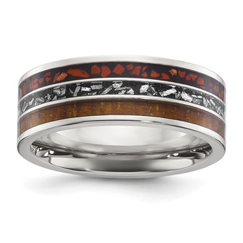 "Chisel Stainless Steel Polished with Wood, Imitation Meteorite and Red Stone Inlay 8mm Band"