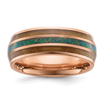 Chisel Stainless Steel Polished Rose IP-plated with Wood and Imitation Opal Inlay 8mm Band