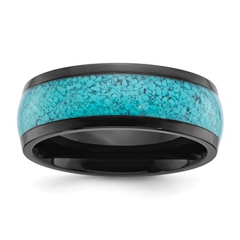 Chisel Stainless Steel Polished Black IP-plated with Imitation Turquoise Inlay 8mm Band