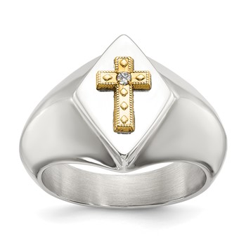 Chisel Stainless Steel Polished with 14K Gold Accent and .01ct. Diamond Cross Signet Ring