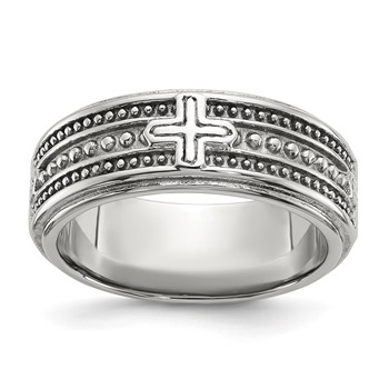 Chisel Stainless Steel Polished Cross 7.7mm Grooved and Beaded Band