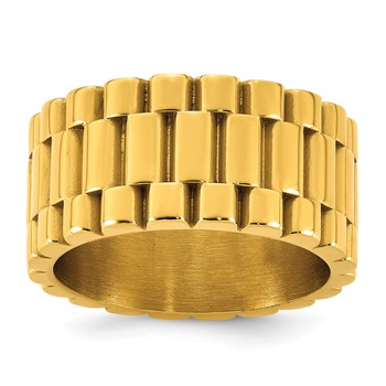 Chisel Stainless Steel Polished Yellow IP-plated Textured 11mm Ring