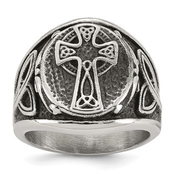 Chisel Stainless Steel Polished and Antiqued Celtic Cross Ring