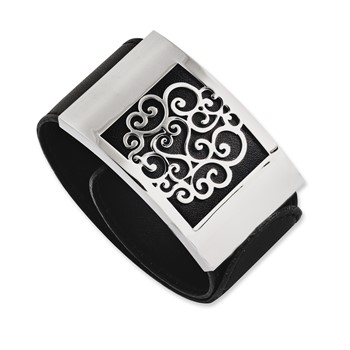 Stainless Steel Black Leatherette w/Polished Scroll Wrap Bracelet