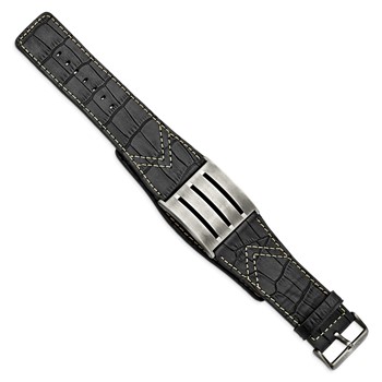 Stainless Steel Brushed Black Leather Adjustable Buckle 9in Bracelet — alternate view
