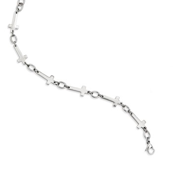 Stainless Steel Polished Sideways Cross 8in Bracelet