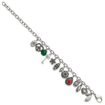 Stainless Steel Polished & Antiqued Synthetic Jade & Red Glass w/ 2in ext. Charm Bracelet — alternate view