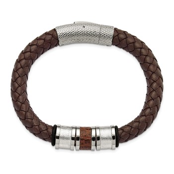 Chisel Stainless Steel Polished and Textured Brown and Metallic Color Leather with Black Rubber 8.25 inch Bracelet — alternate view