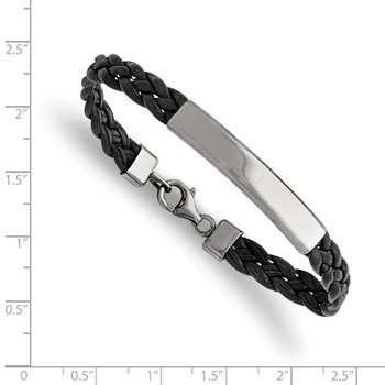 Chisel Stainless Steel Polished Braided Black Leather 7.25 inch ID Bracelet — alternate view