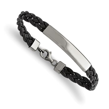 Chisel Stainless Steel Polished Braided Black Leather 7.25 inch ID Bracelet