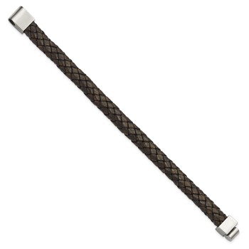 Stainless Steel Brown Woven Leather Antiqued Finish Clasp 8.75in Bracelet — alternate view