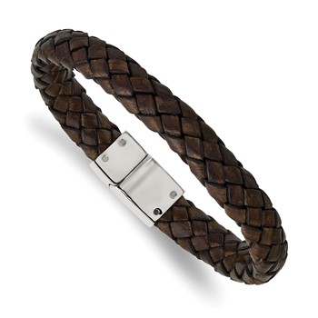 Stainless Steel Brown Woven Leather Antiqued Finish Clasp 8.75in Bracelet