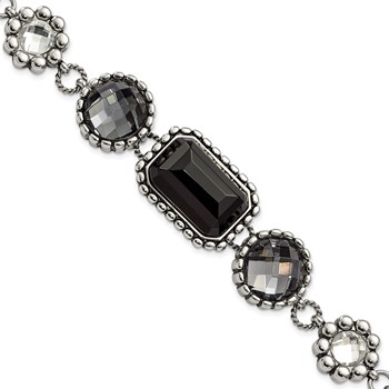 Stainless Steel Polished/Antiqued Glass Beaded w/1in ext. Bracelet