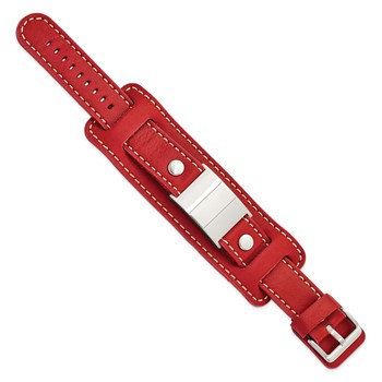 Stainless Steel Red Leather Polished/Brushed Buckle Bracelet — alternate view
