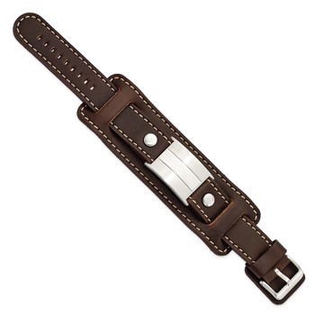 Stainless Steel Brown Leather Brushed/Polished Buckle Bracelet — alternate view