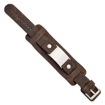 Stainless Steel Dark Brown Leather Polished Buckle Bracelet — alternate view