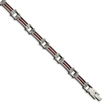 Stainless Steel Metallic Red Leather Polished Link Bracelet