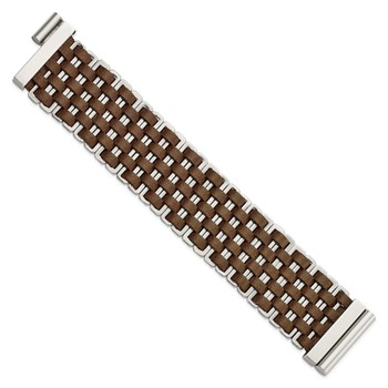 Stainless Steel Polished Woven Brown Leather Bracelet — alternate view