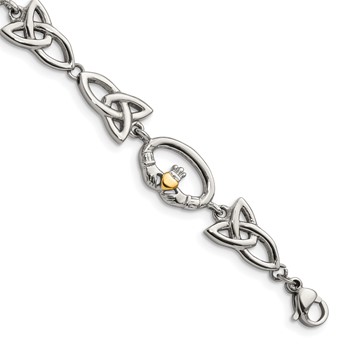 Stainless Steel Polished Yellow IP-plated Claddagh 7.75in Bracelet — alternate view