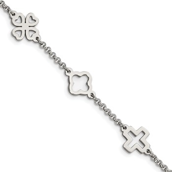 Chisel Stainless Steel Polished Cross and Clovers 7.5 inch Bracelet
