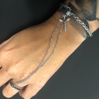 Stainless Steel Polished & Antiqued Crystal Heart Cross Connected Ring & Bracelet — alternate view