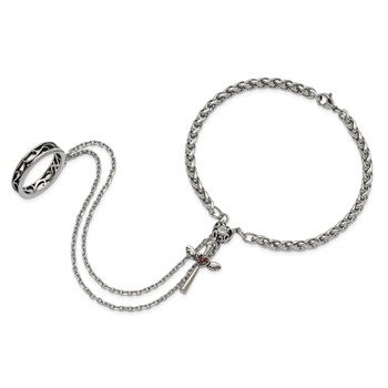 Stainless Steel Polished & Antiqued Crystal Heart Cross Connected Ring & Bracelet