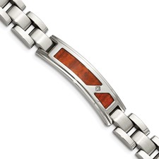 Image of Chisel Stainless Steel Brushed and Polished with Wood Inlay and CZ 8.5 inch Link ID Bracelet