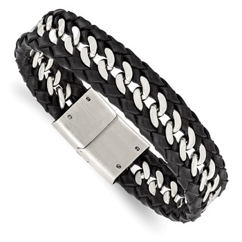 Chisel Stainless Steel Brushed Black Leather 8.5 inch Bracelet