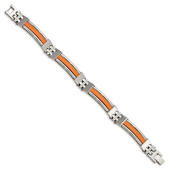 Chisel Stainless Steel Polished with Orange Greek Key Design Rubber Inlay 9 inch Bracelet — alternate view