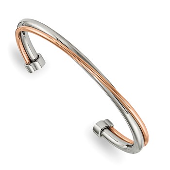 Chisel Stainless Steel Polished Rose IP-plated Twisted Cuff Bangle