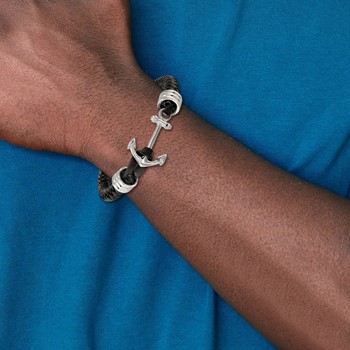 Chisel Stainless Steel Polished Anchor Black Braided Leather 8.5 inch Bracelet — alternate view