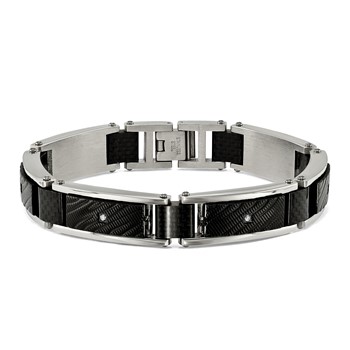 Chisel Stainless Steel Polished and Textured Black IP-plated with CZ and Black Carbon Fiber Inlay 8.75 inch Link Bracelet — alternate view