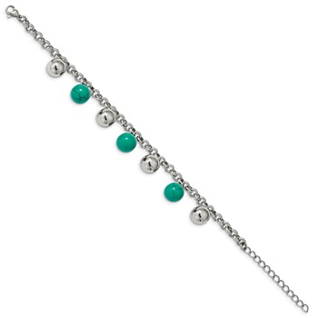 Stainless Steel Polished w/Imit.Turquoise Beads w/2in ext. 7in Bracelet — alternate view
