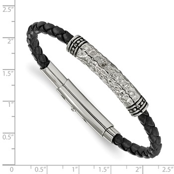 Chisel Stainless Steel Antiqued Polished and Hammered Black Braided Leather Adjustable 7.5 to 8 inch Bracelet — alternate view
