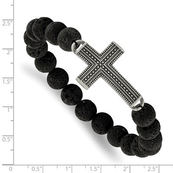 Chisel Stainless Steel Antiqued Gun Metal IP-plated Cross 10.5mm Lava Stone Beaded Stretch Bracelet — alternate view