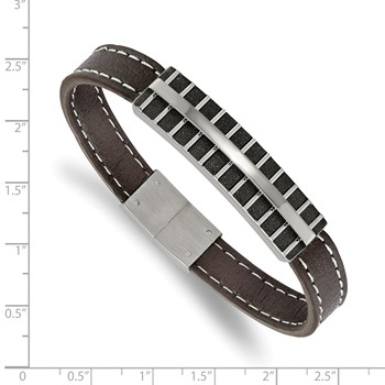 Stainless Steel Polished Black IP Lasercut Brown Leather 8.25in Bracelet — alternate view